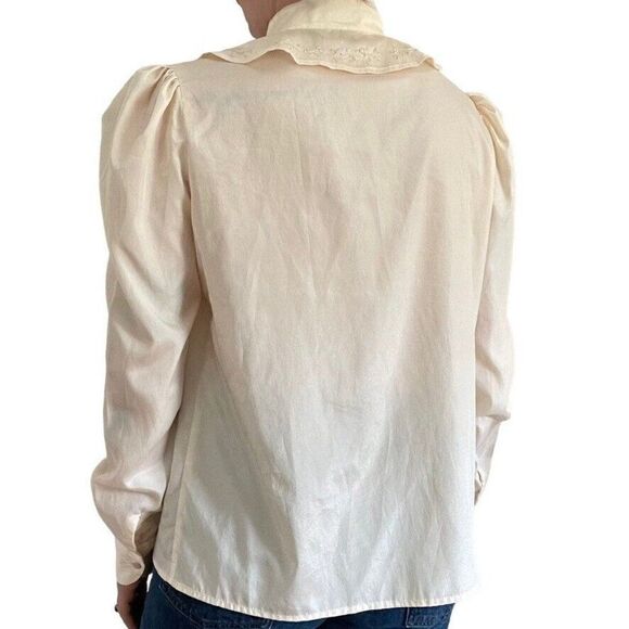Vintage 80s Womens 100% Silk White Ruffle Collar Floral Light Academia Blouse - Picture 5 of 10